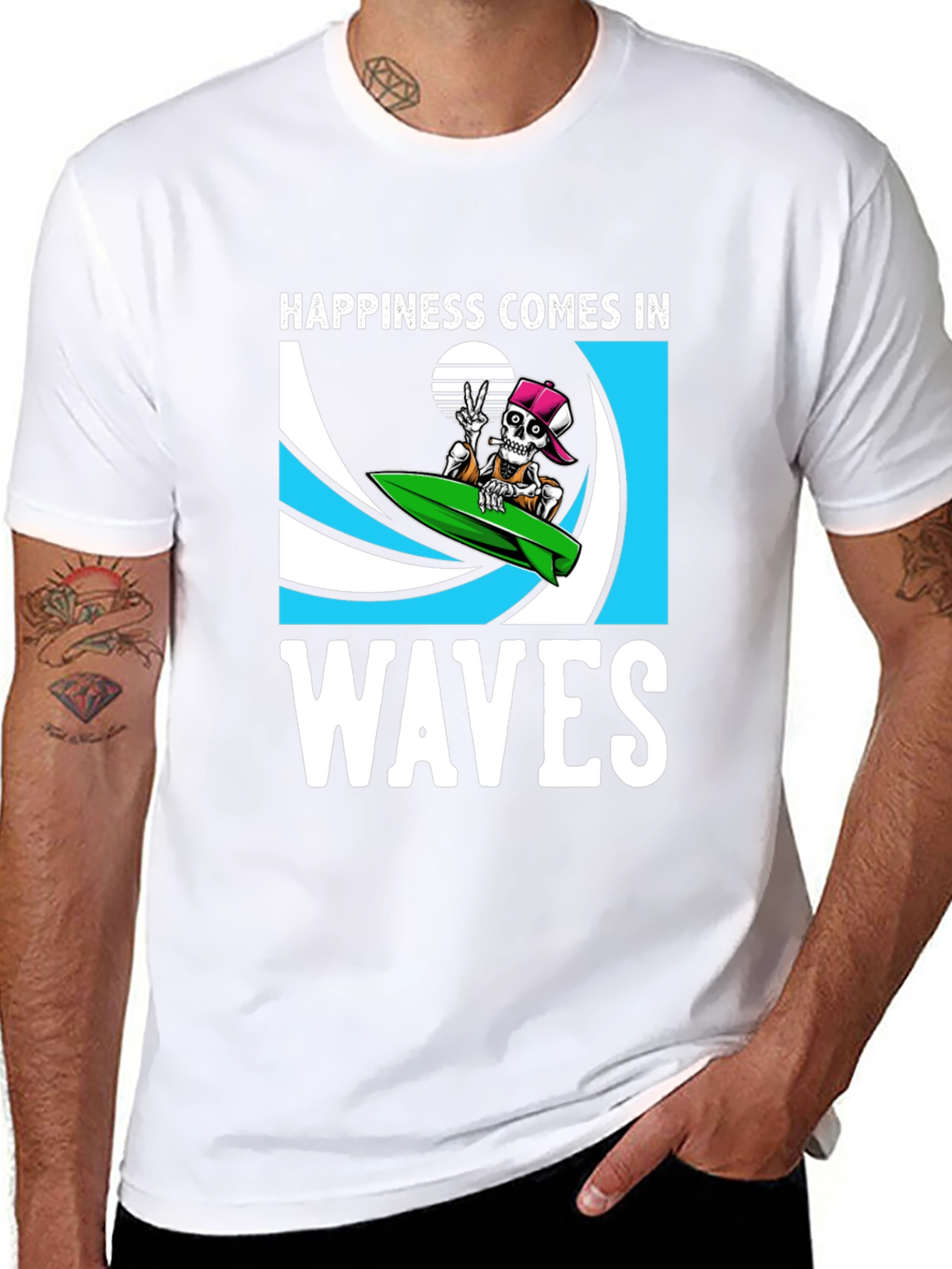 Happiness Comes In Waves Skeleton Surfer T-Shirt