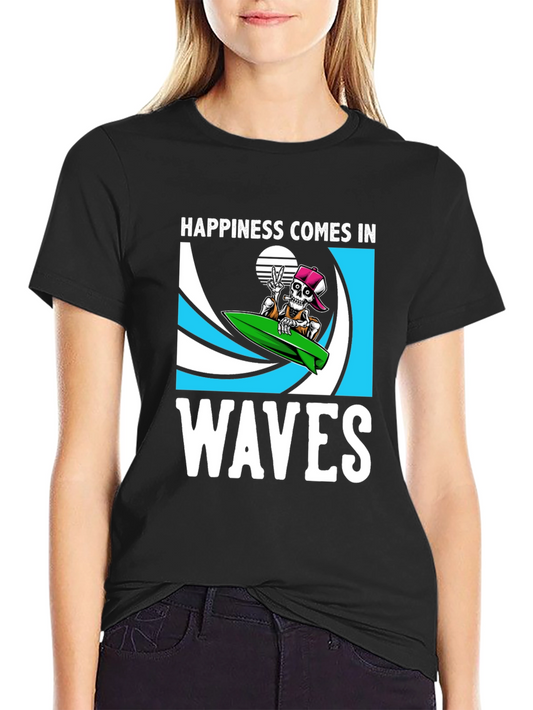 Happiness Comes In Waves Skeleton Surfer T-Shirt