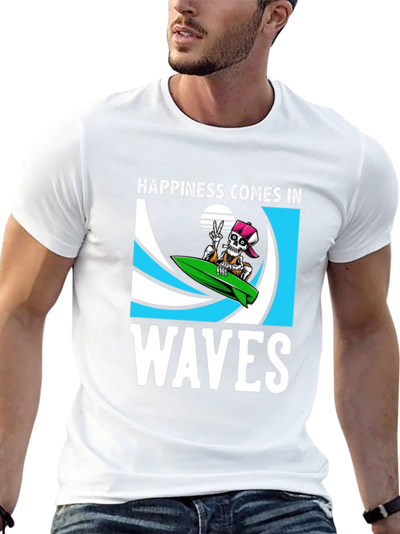 Happiness Comes In Waves Skeleton Surfer T-Shirt