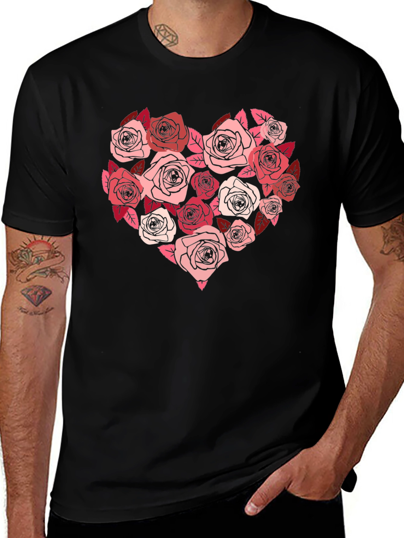Floral Heart Graphic Tee - Black Casual T-Shirt