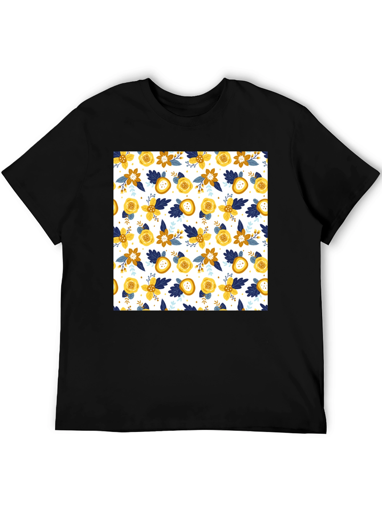 Floral Patterned Mens Black T-Shirt