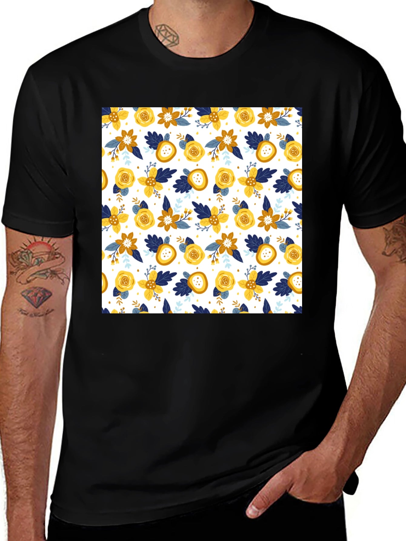 Floral Patterned Mens Black T-Shirt