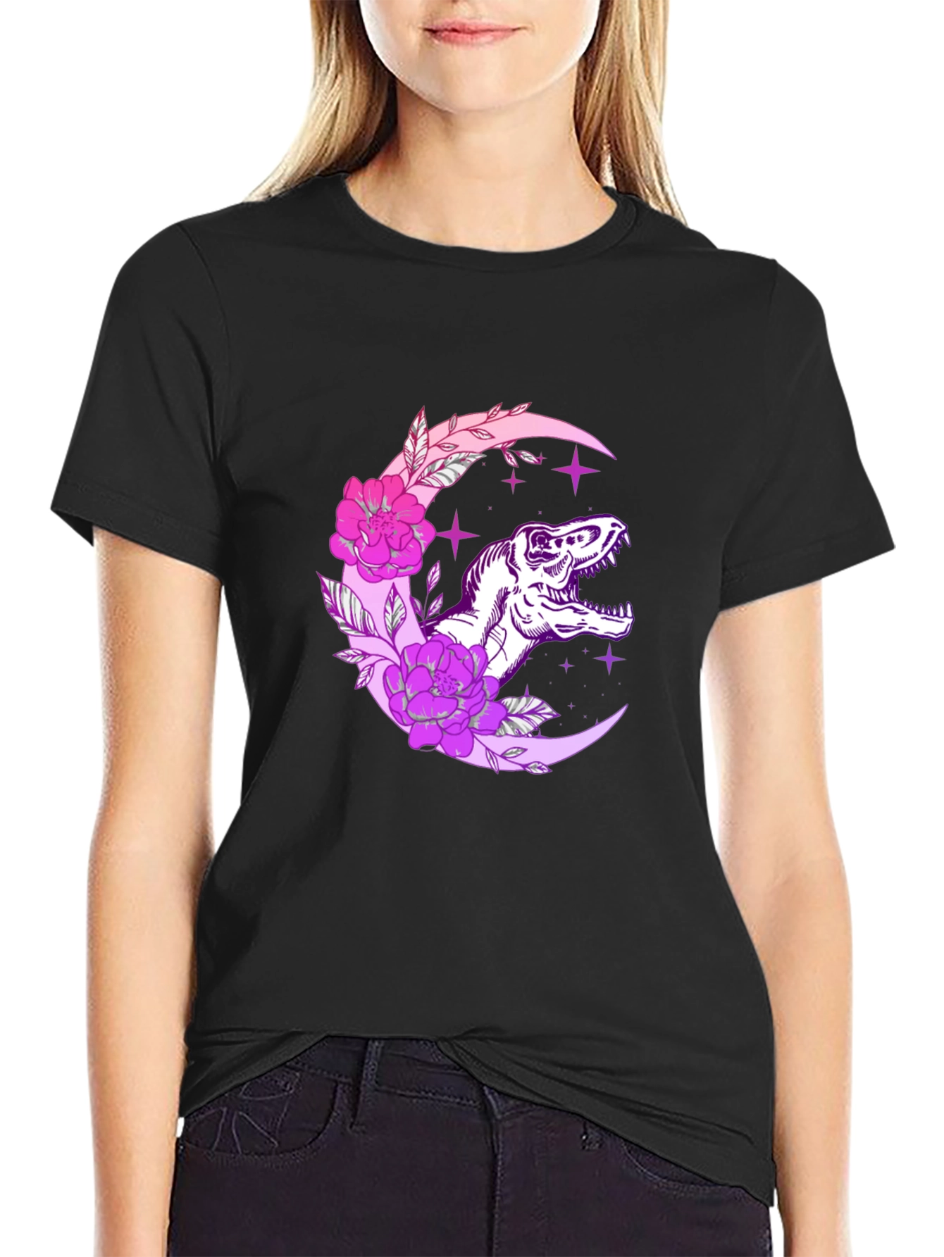 Dino Moon Floral Black T-Shirt