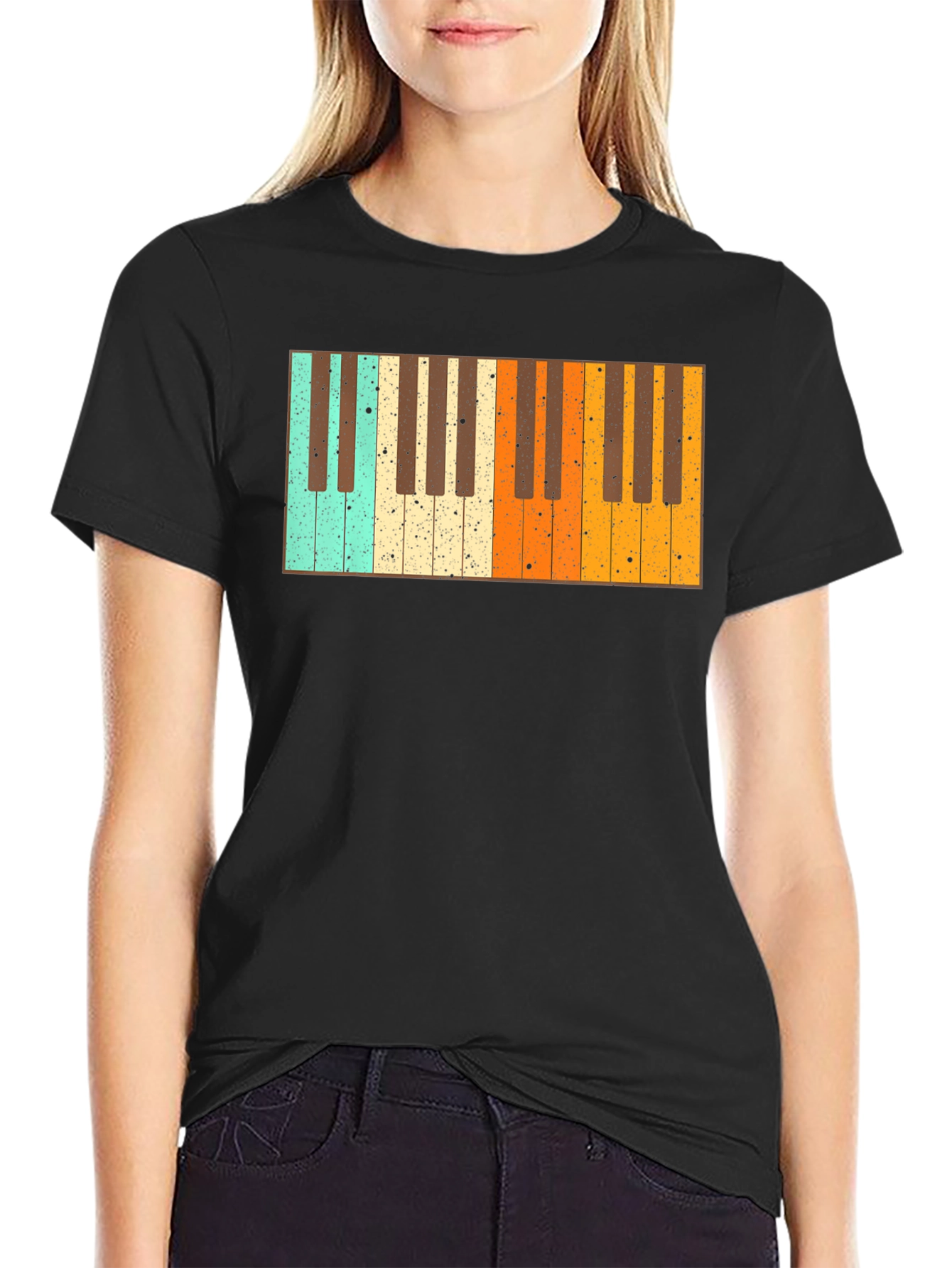 Retro Piano Keys Graphic Black T-Shirt