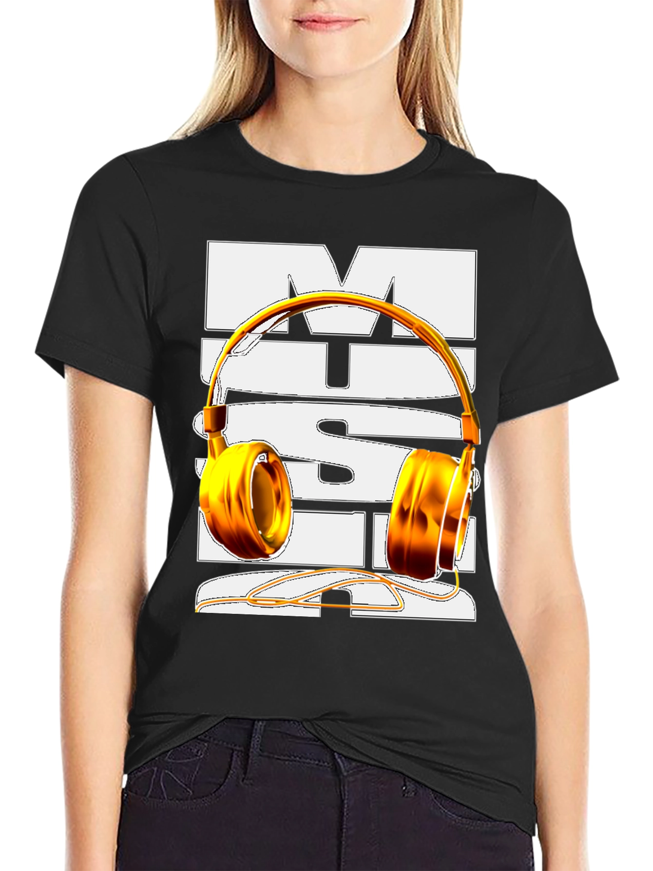 Music T-Shirt with Gold Headphones