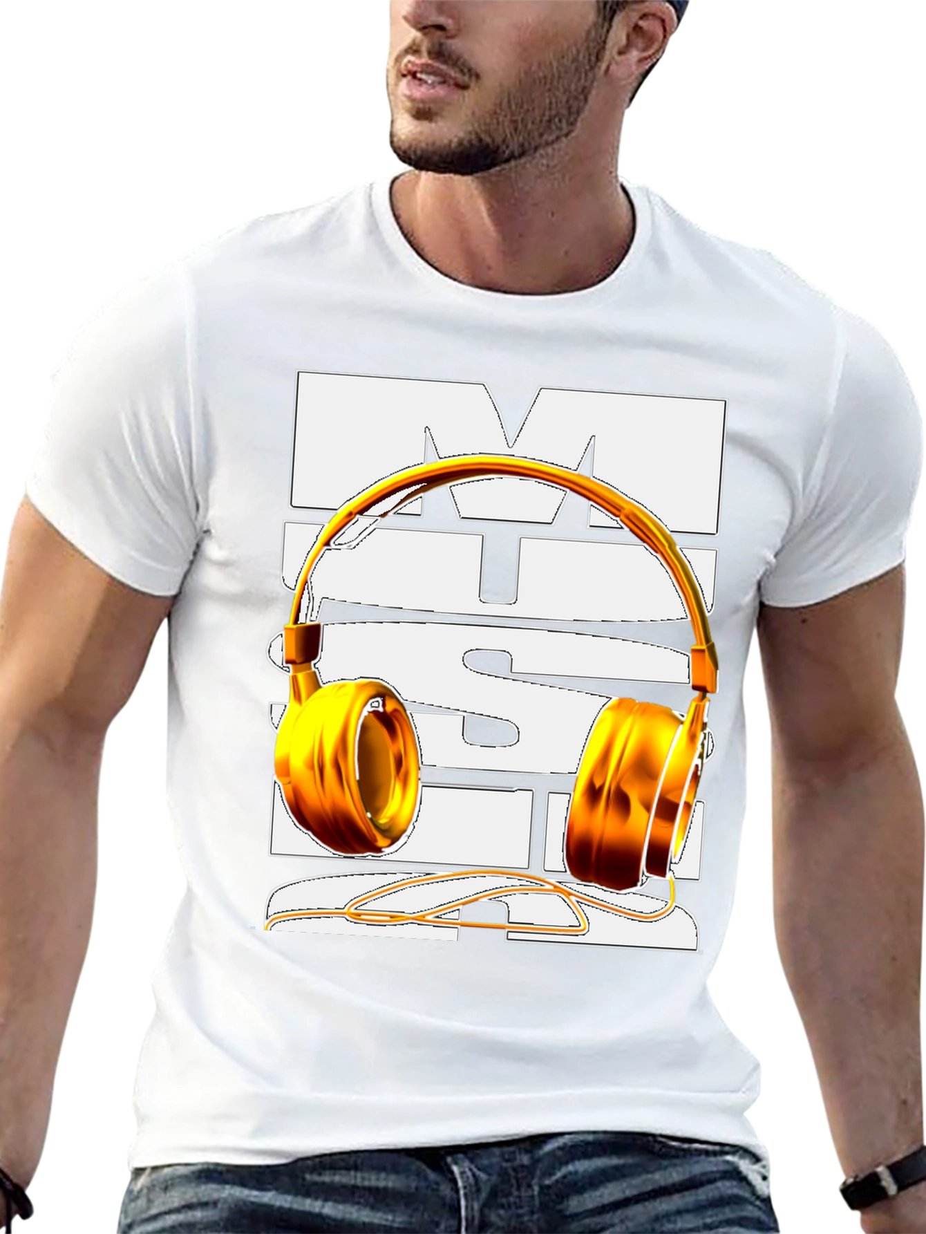 Music T-Shirt with Gold Headphones