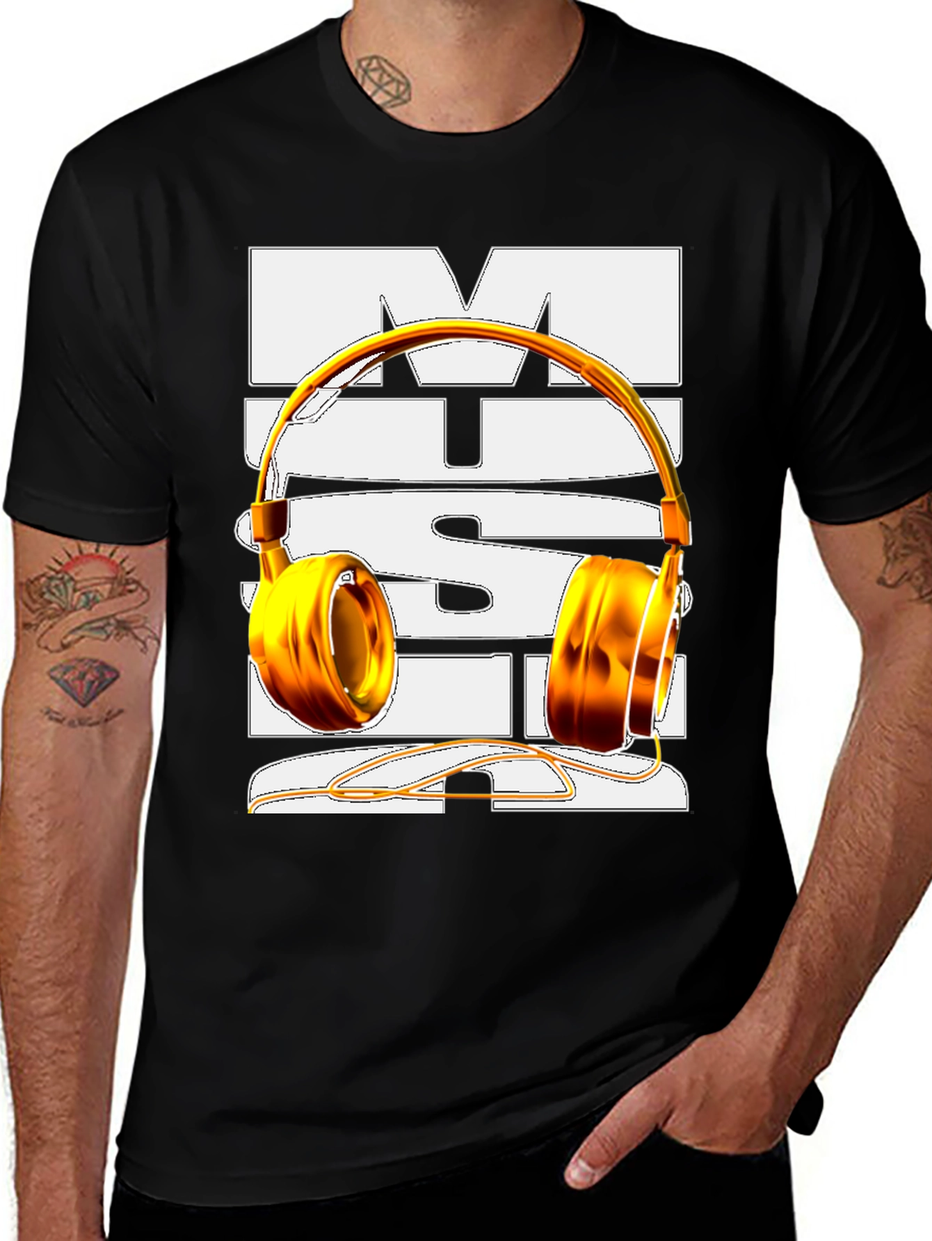 Music T-Shirt with Gold Headphones