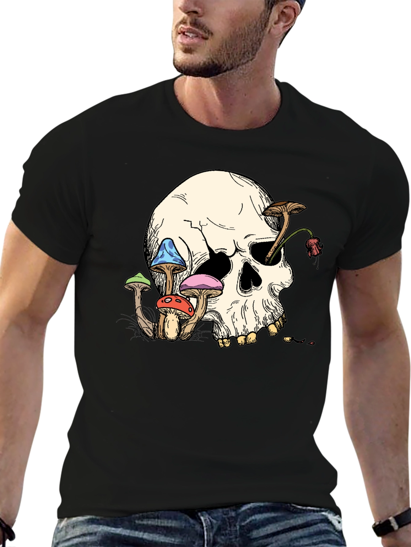 Skull & Mushroom Graphic Tee - Unique Design