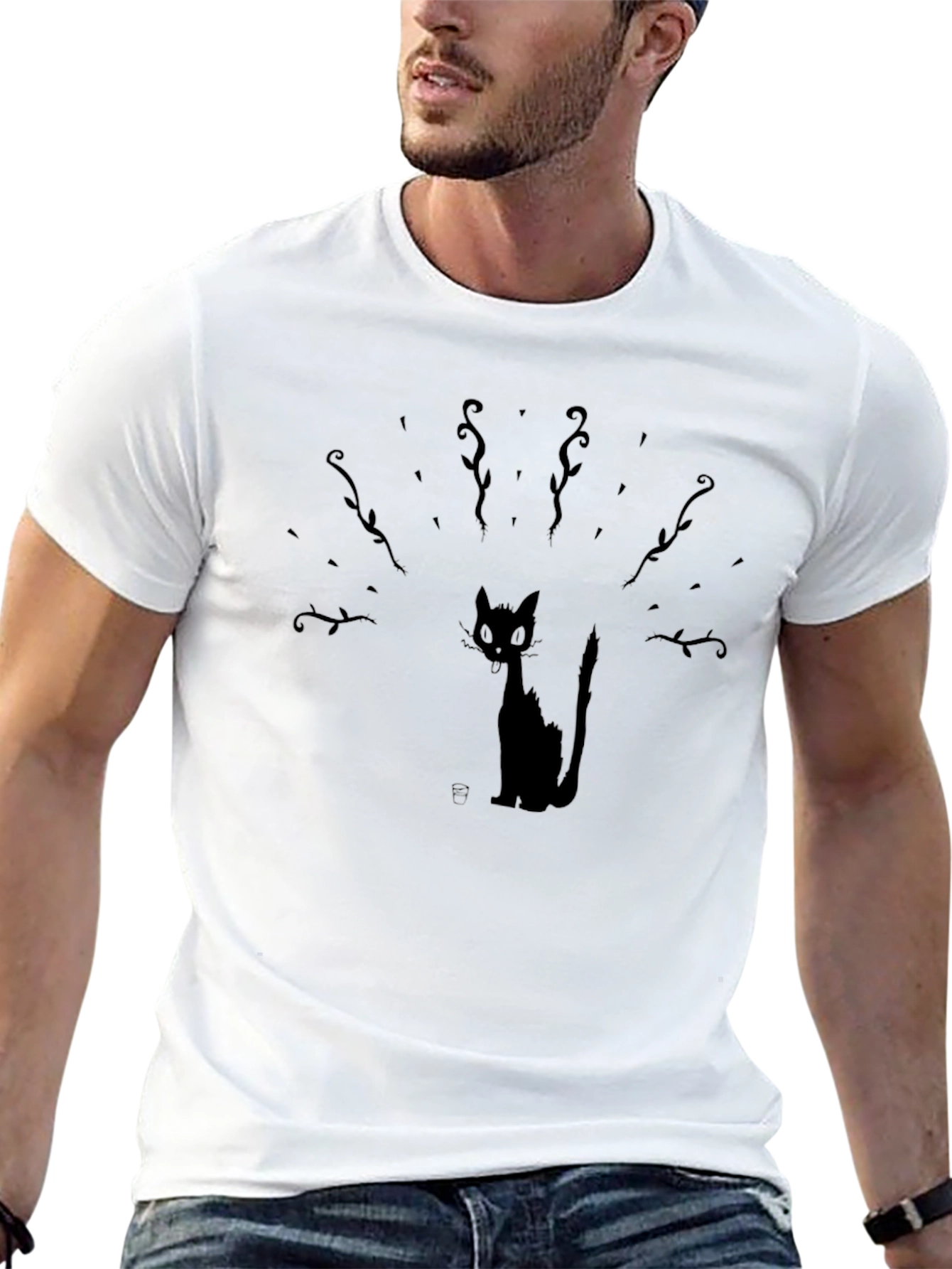 Whimsical Cat Graphic Tee - Black Cotton