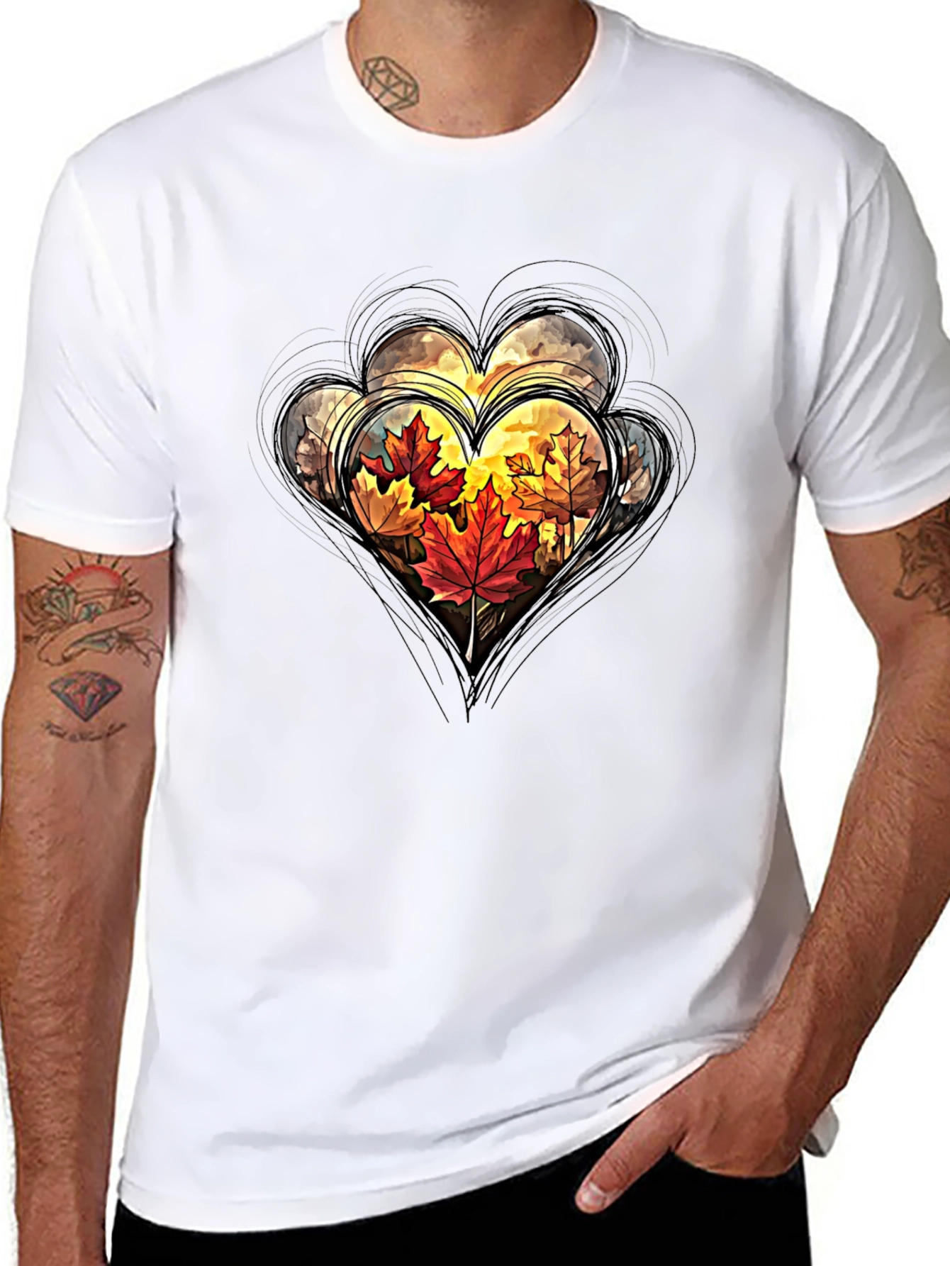 Autumn Leaves Heart Graphic Tee - Stylish Fall Apparel