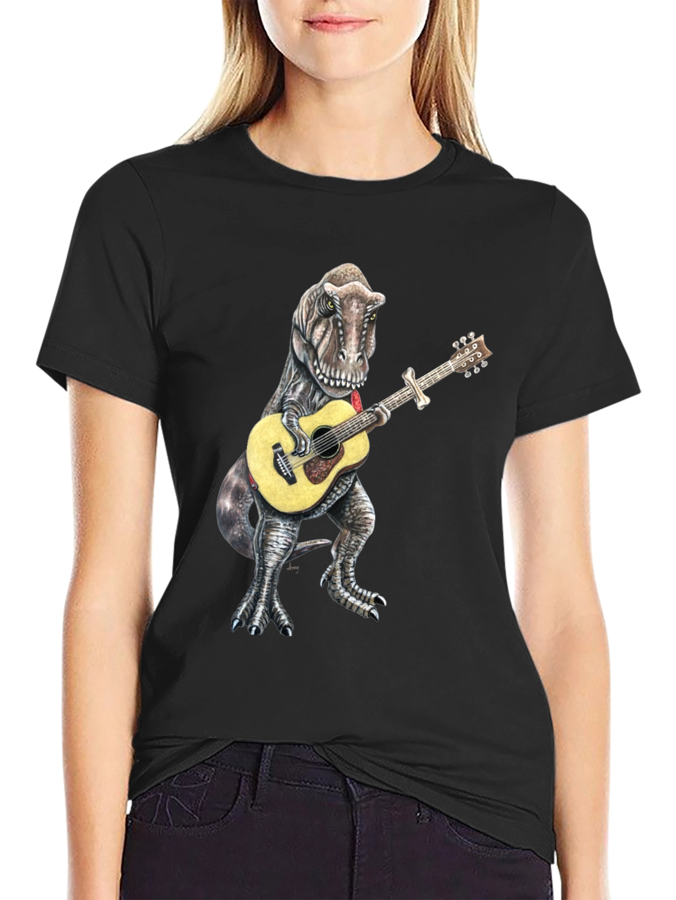 Dinosaur Guitarist Black T-Shirt - Jurassic Rock!