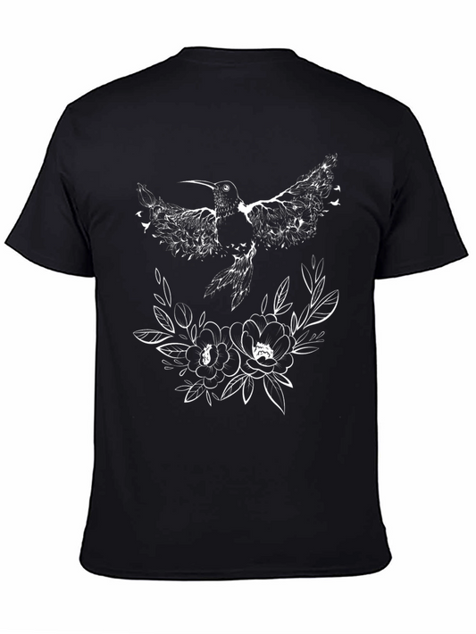 Hummingbird & Floral Graphic Black T-Shirt