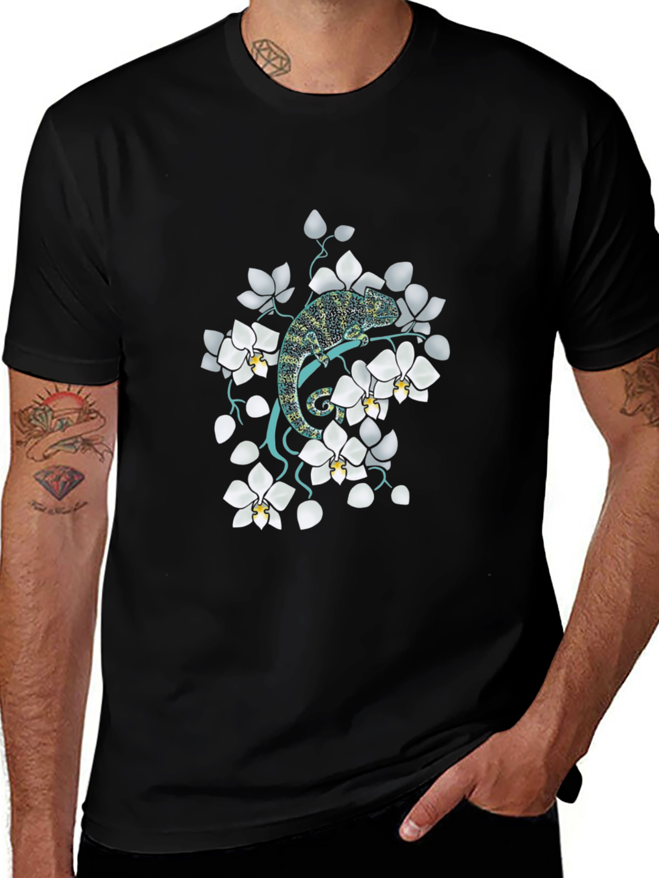 Chameleon & Orchid Graphic Tee - Unique Design