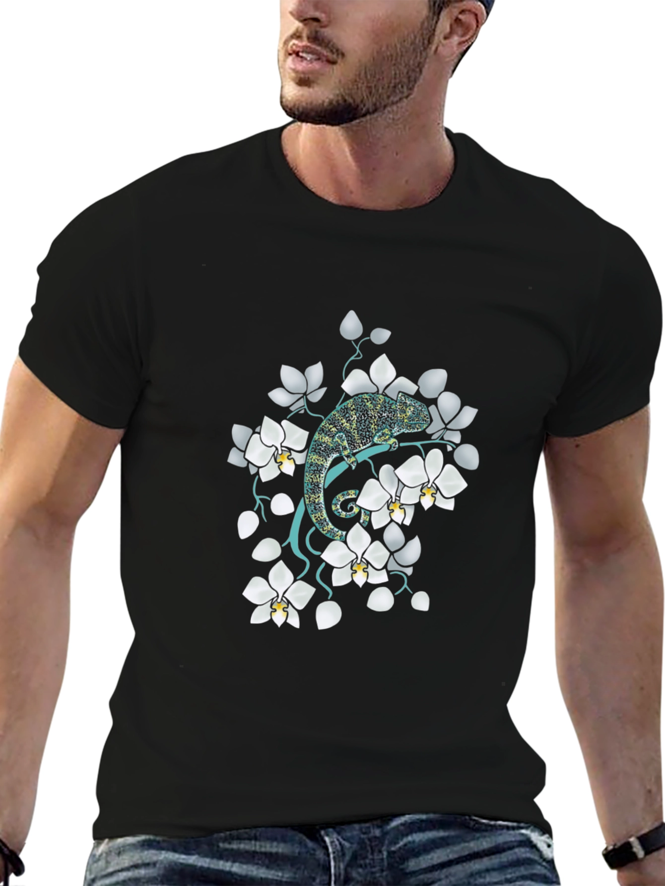 Chameleon & Orchid Graphic Tee - Unique Design
