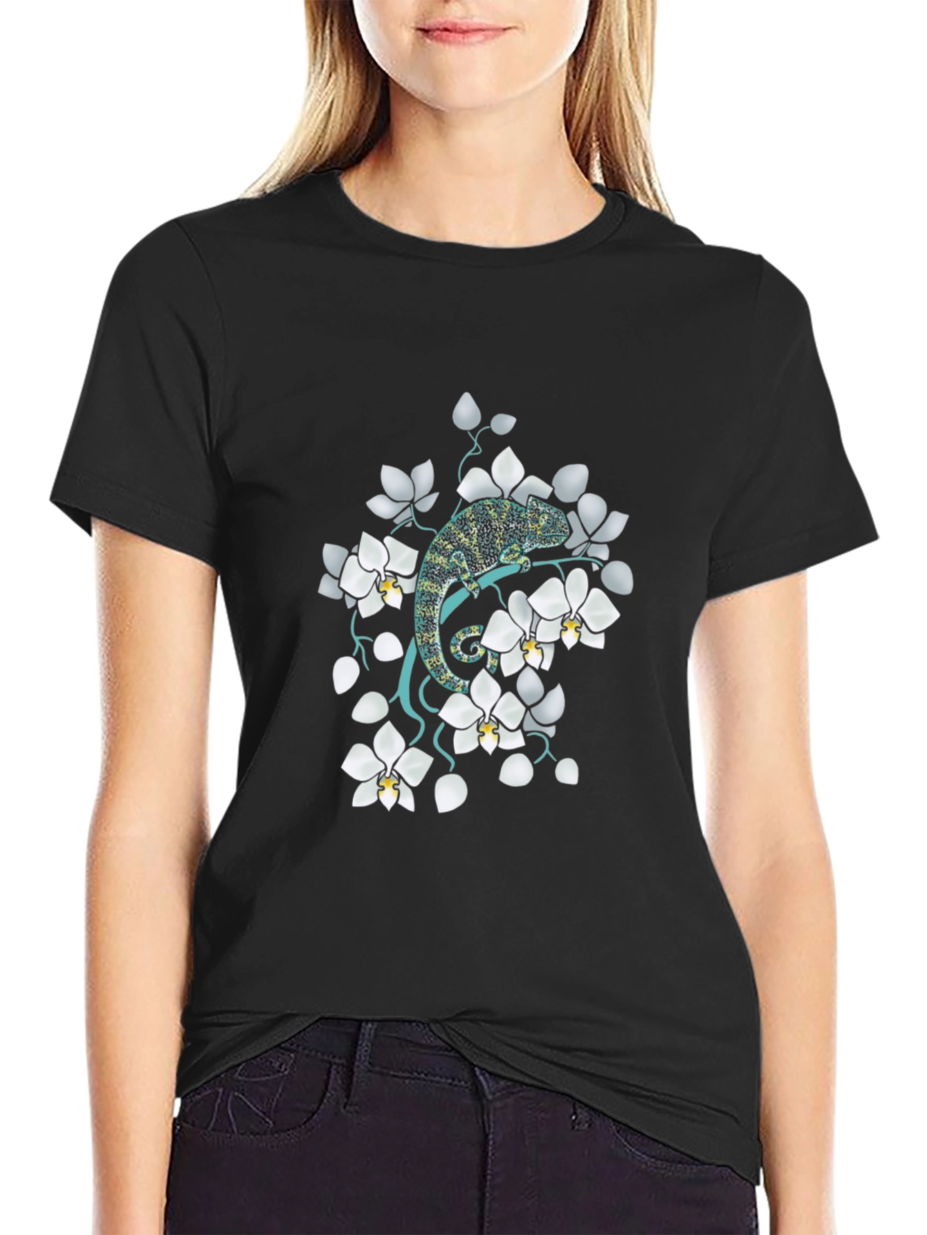 Chameleon & Orchid Graphic Tee - Unique Design