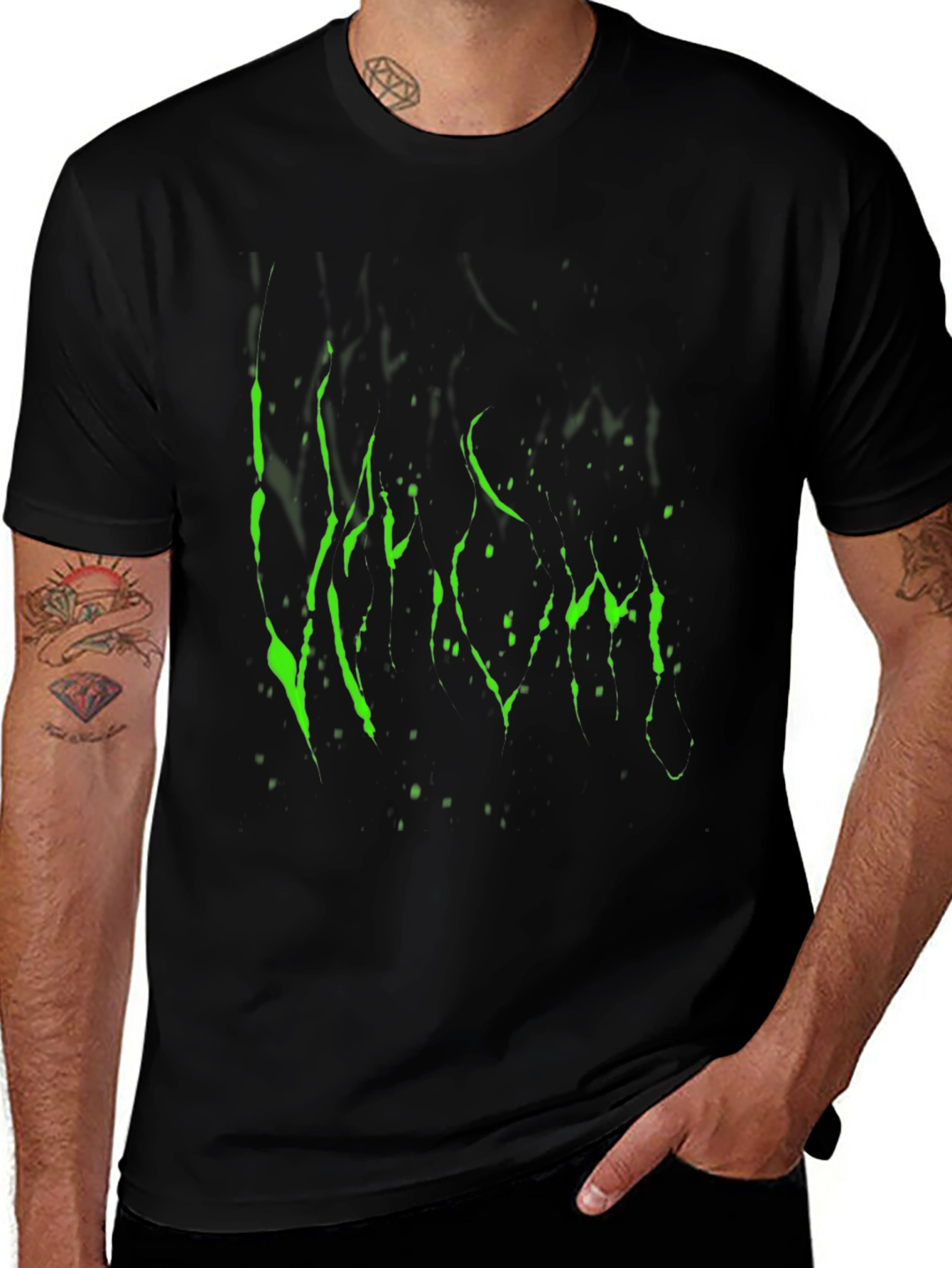 Mens Black T-Shirt with Green Graphic Print