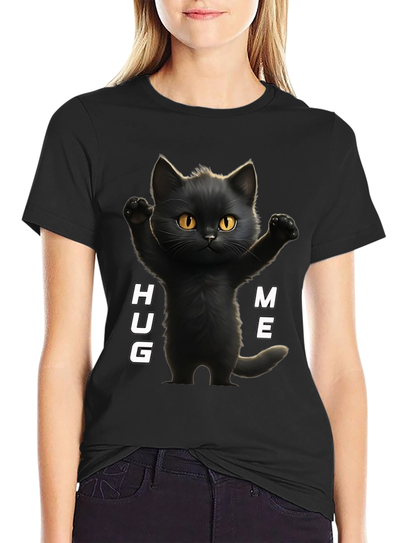 Cute Black Cat Hug Me Graphic T-Shirt