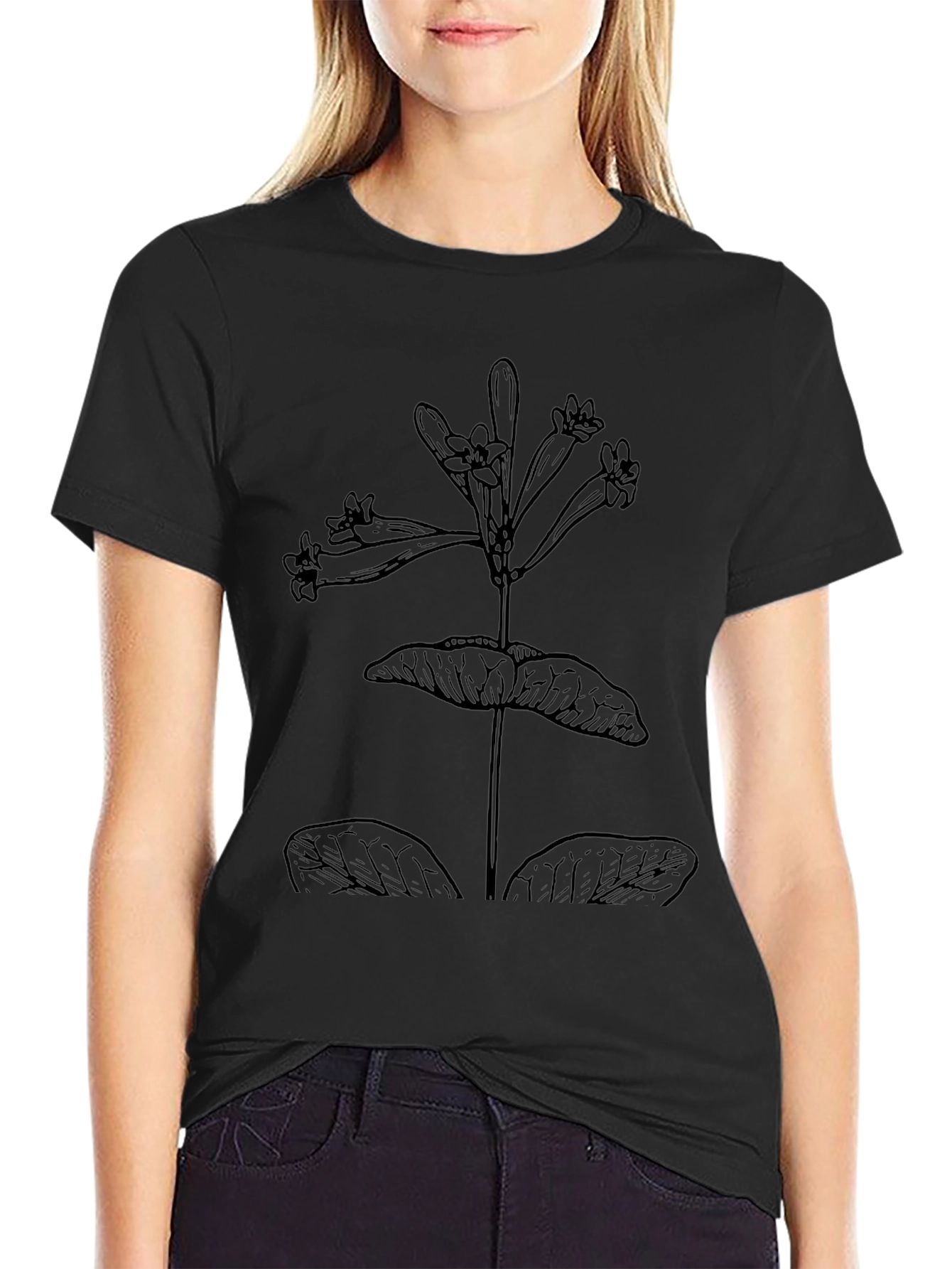 Botanical Line Art Black T-Shirt