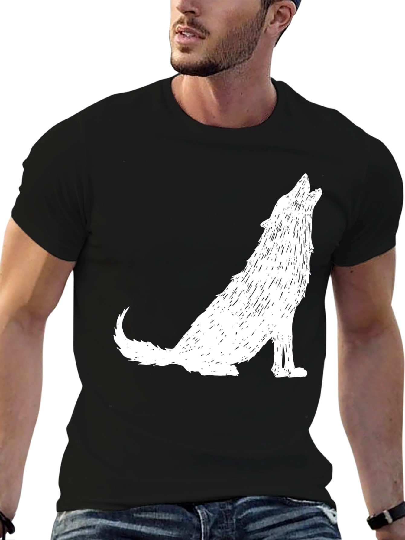 Mens Black T-Shirt - White Howling Wolf Graphic Tee