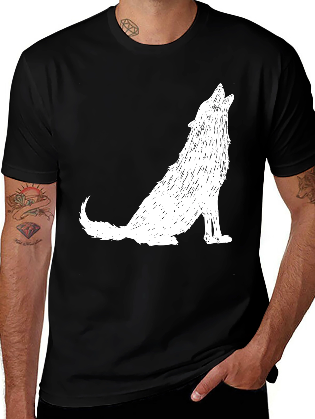Mens Black T-Shirt - White Howling Wolf Graphic Tee