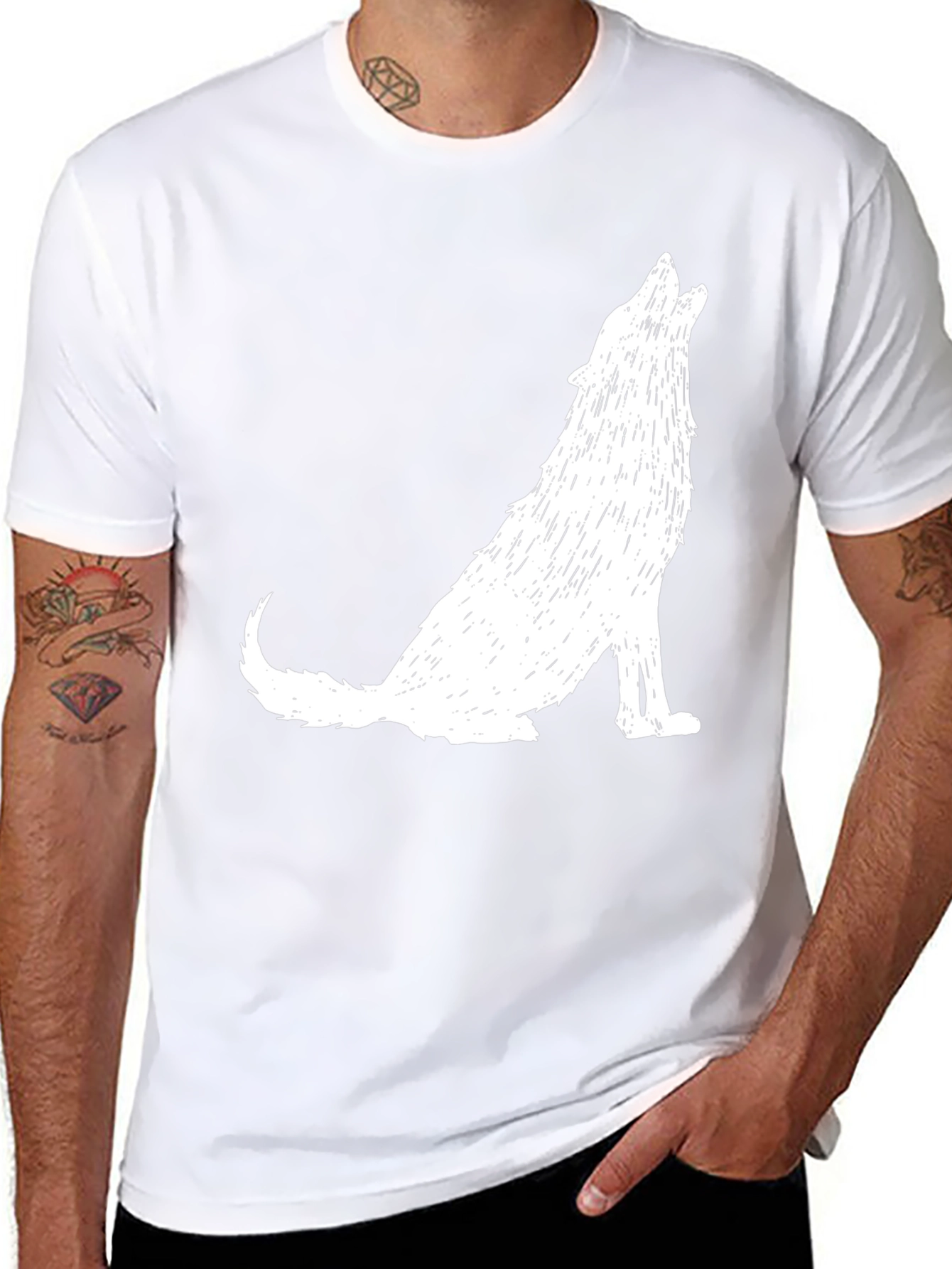 Mens Black T-Shirt - White Howling Wolf Graphic Tee