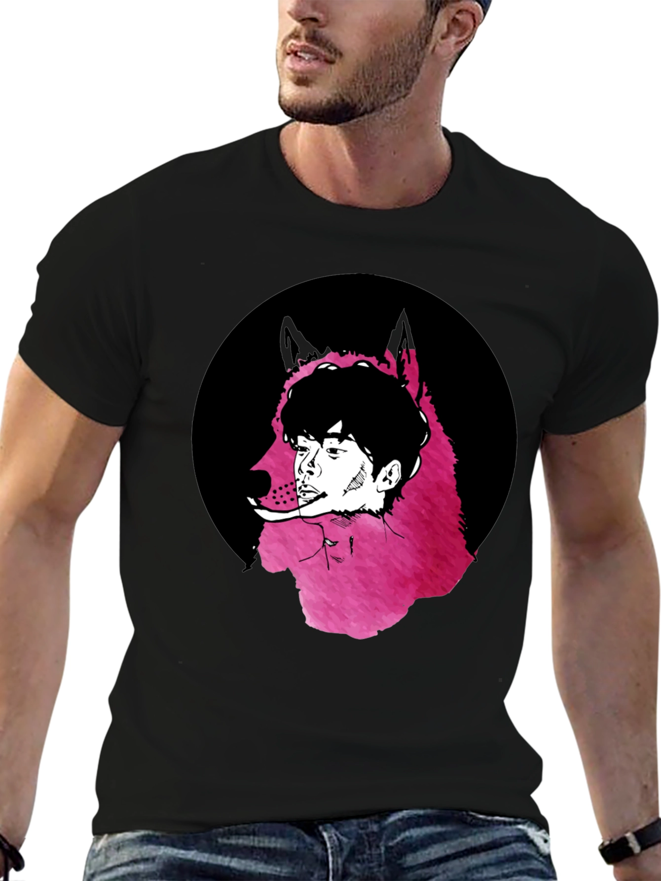 Wolf Man Graphic Tee - Black Cotton Blend