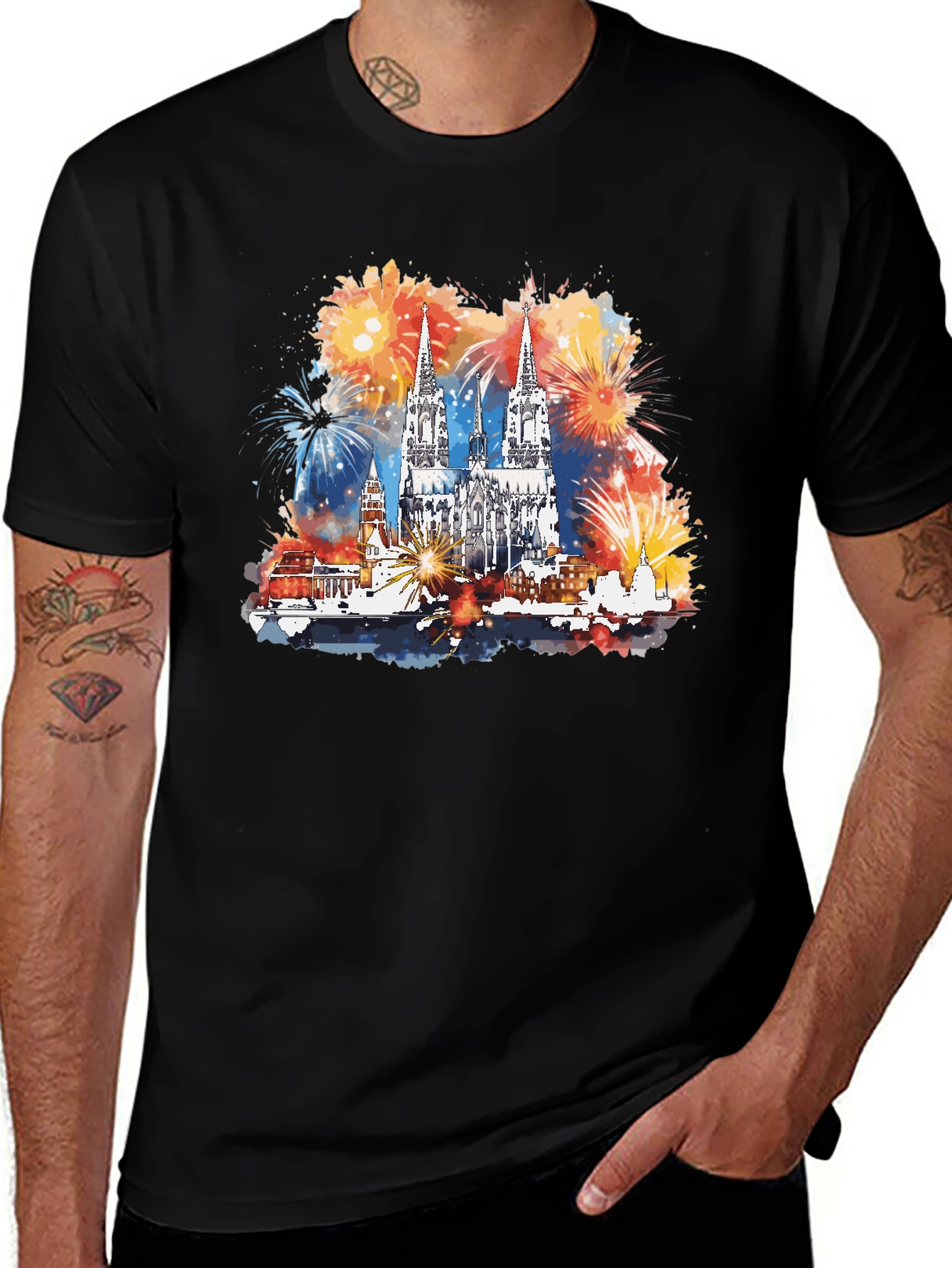 Cologne Cathedral Fireworks Mens Black T-Shirt