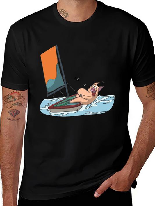 Funny Pig Sailing T-Shirt - Black Cotton Tee