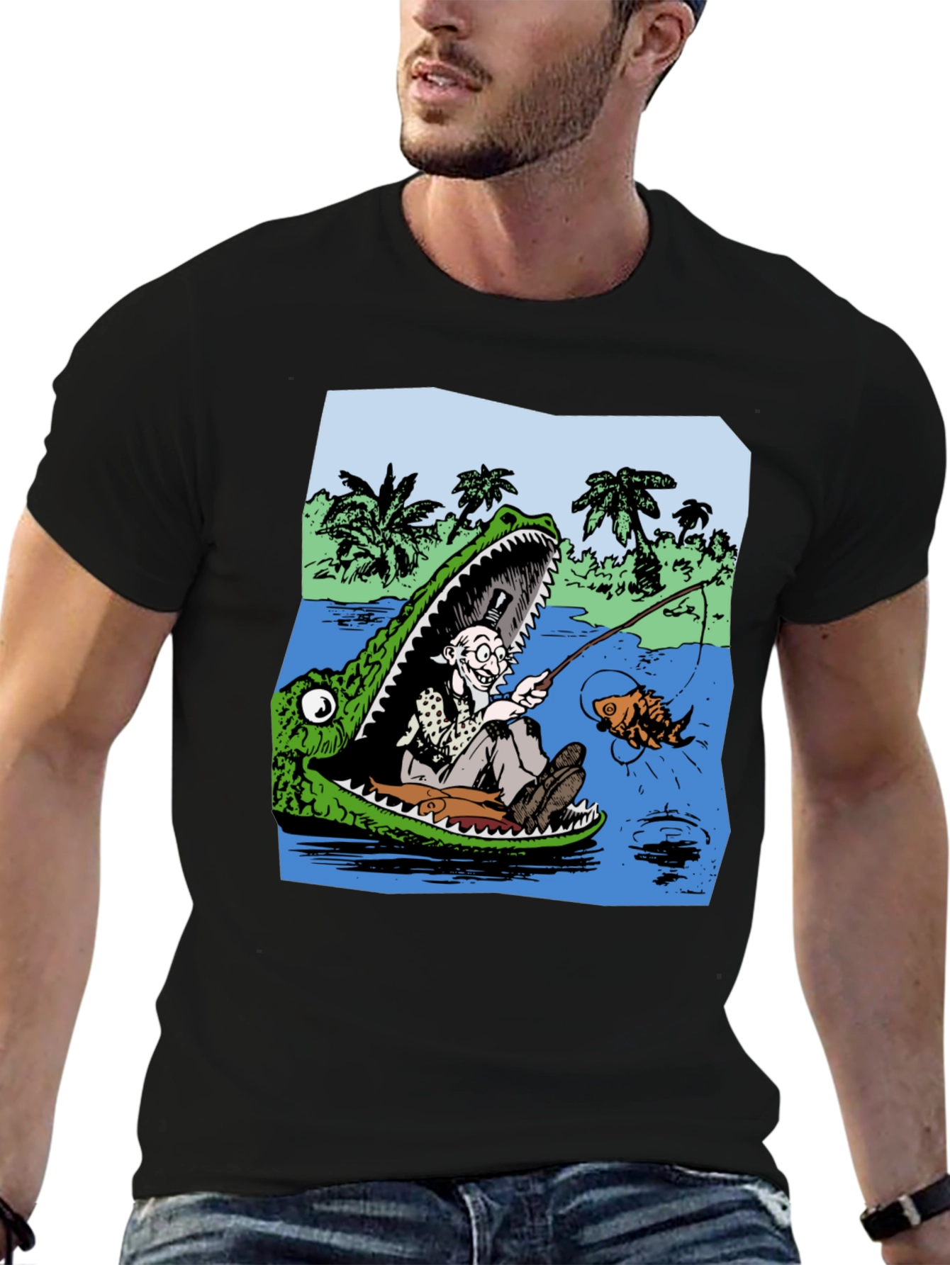 Gator Fishing T-Shirt - Unique Cartoon Graphic Tee
