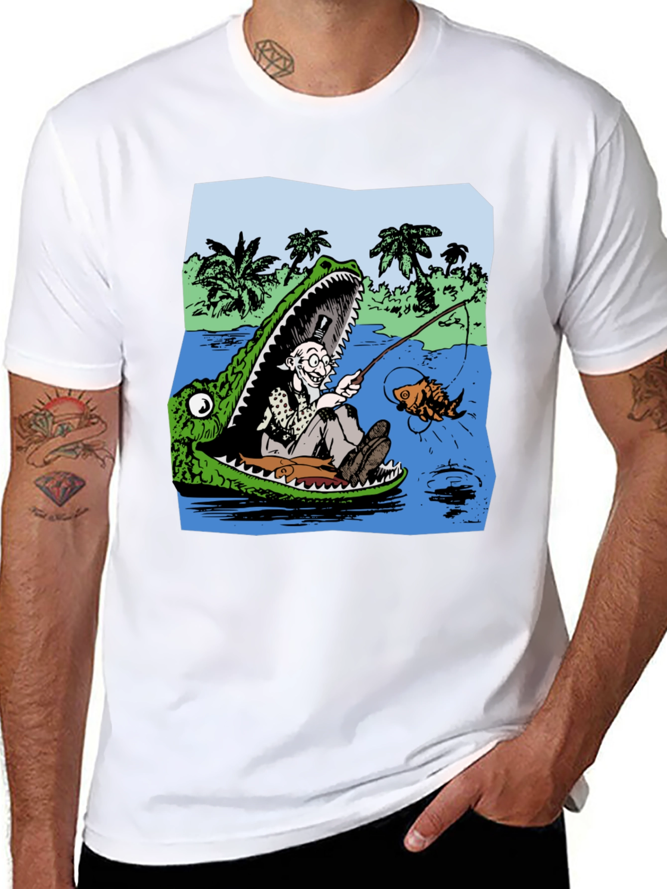 Gator Fishing T-Shirt - Unique Cartoon Graphic Tee