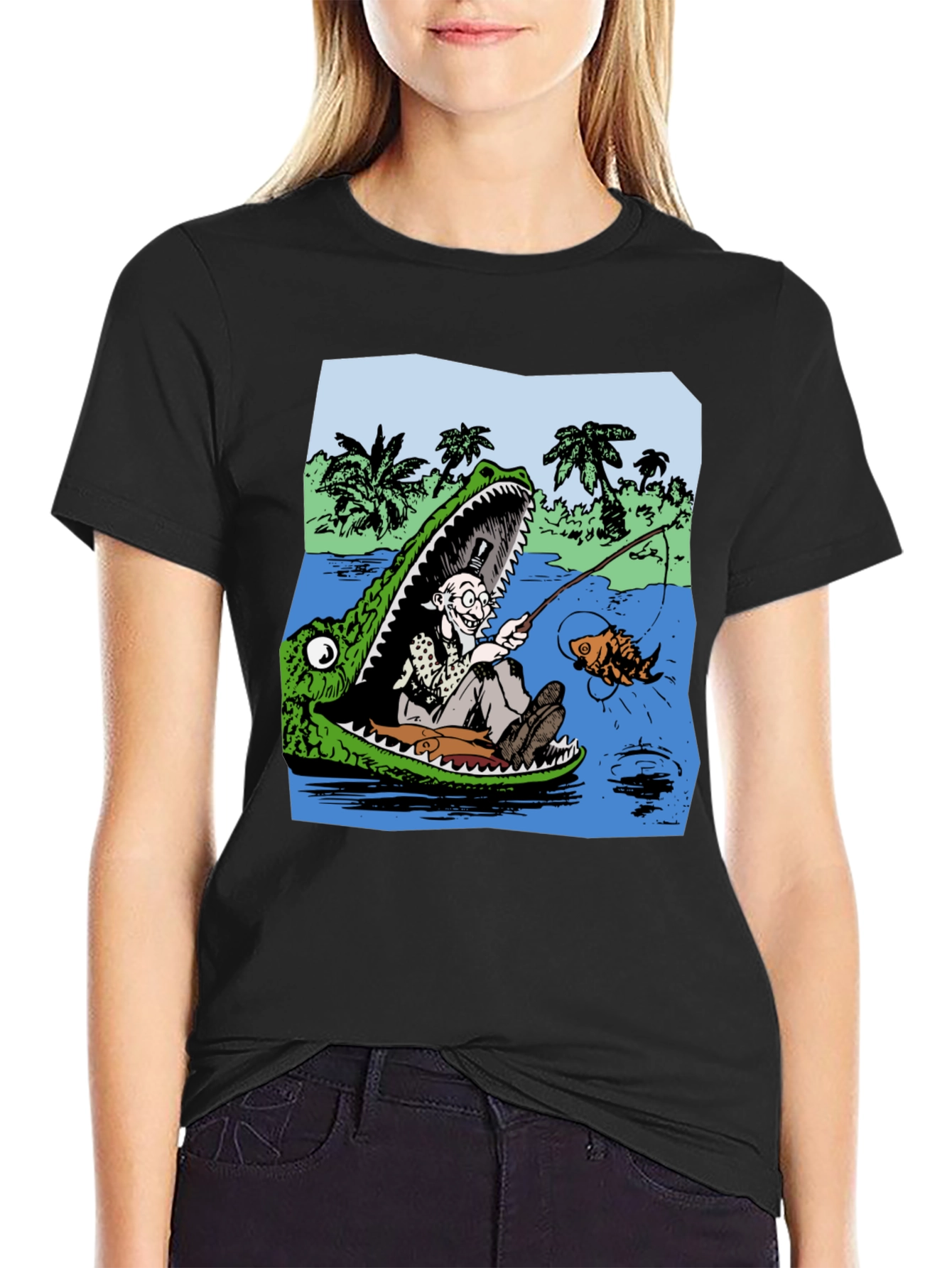 Gator Fishing T-Shirt - Unique Cartoon Graphic Tee