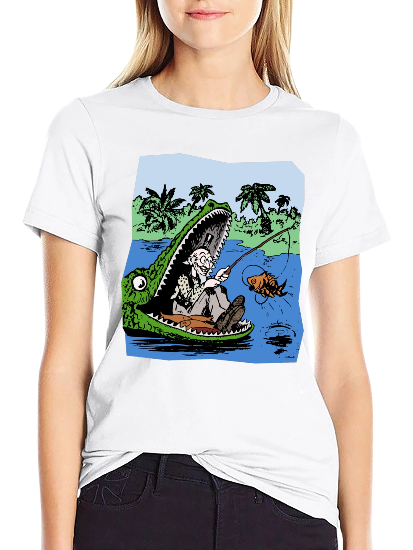 Gator Fishing T-Shirt - Unique Cartoon Graphic Tee