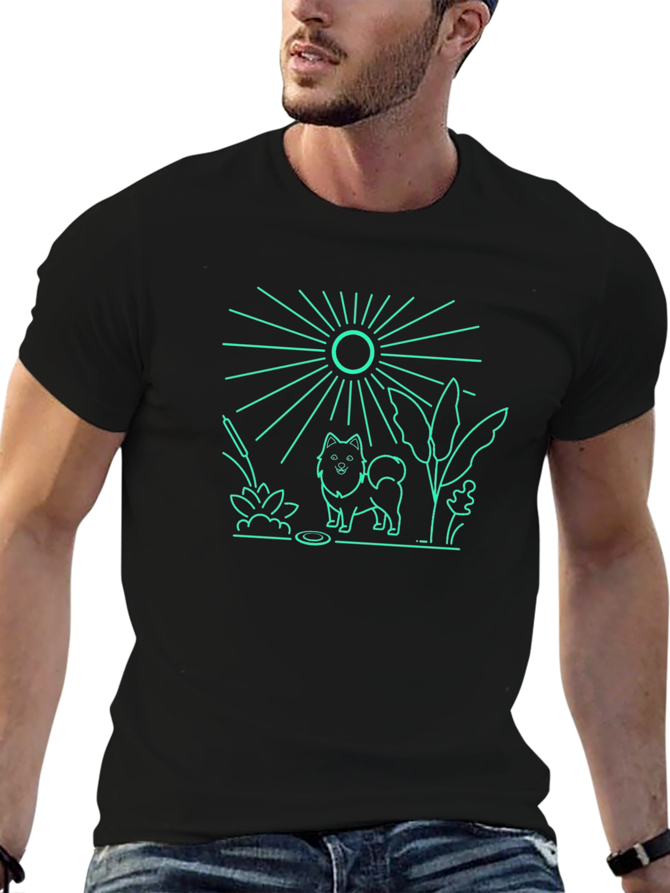 Dog & Sun Graphic Tee - Black Cotton T-Shirt