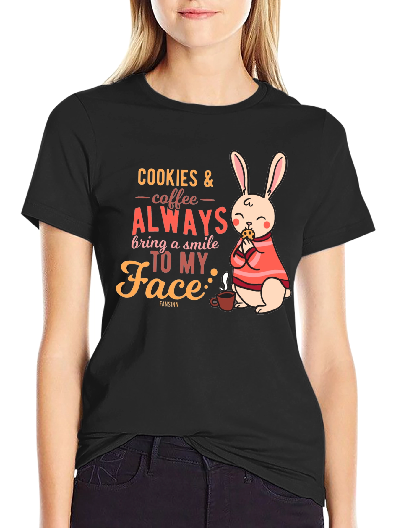 Cookies & Coffee T-Shirt - Bunny and Quote Design
