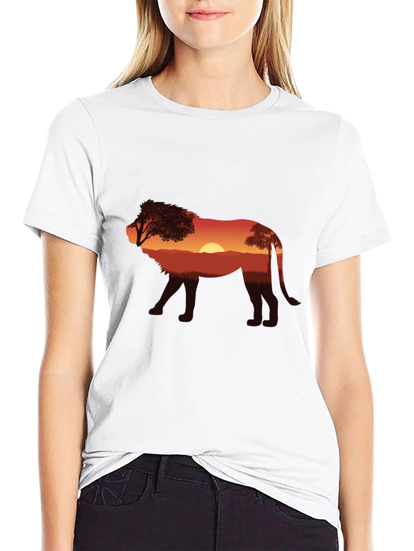 Sunset Lion Graphic Tee - Nature Inspired Black T-Shirt