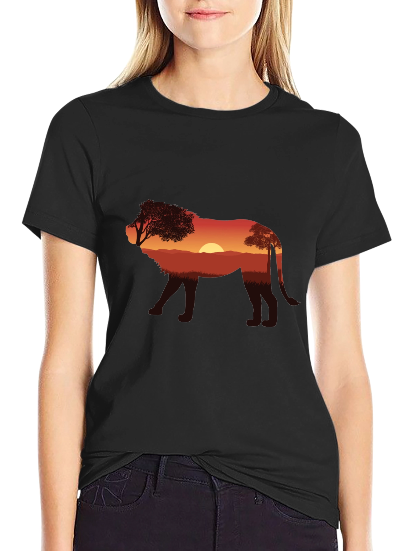Sunset Lion Graphic Tee - Nature Inspired Black T-Shirt