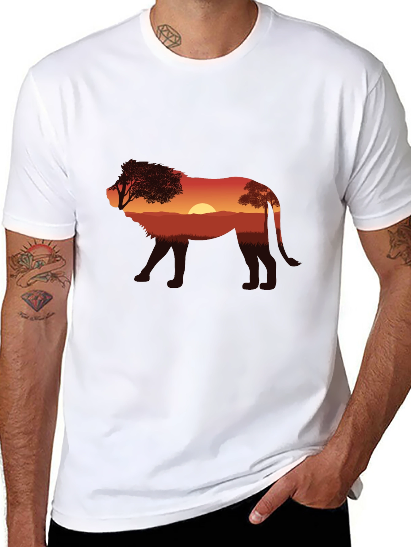 Sunset Lion Graphic Tee - Nature Inspired Black T-Shirt