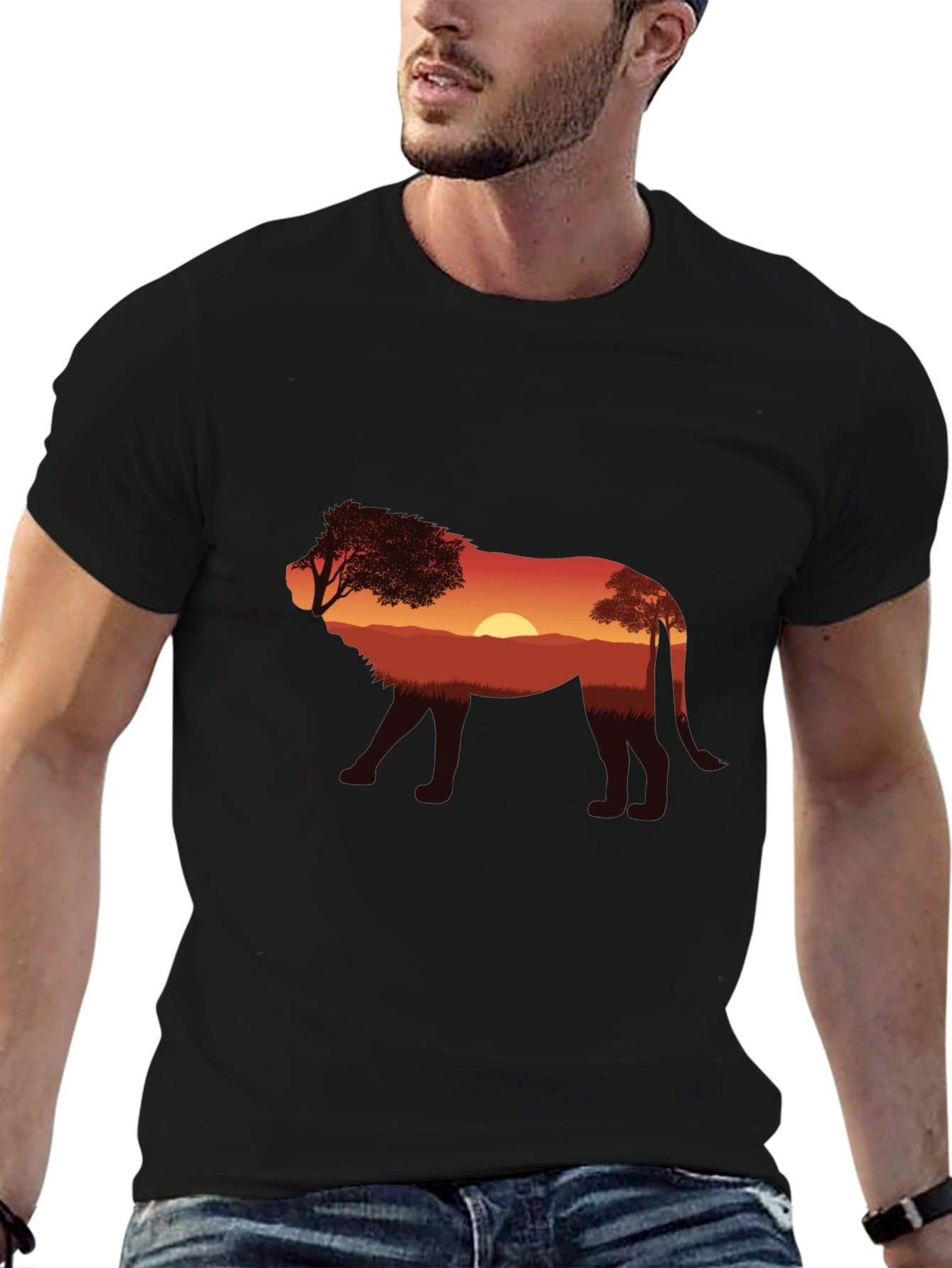 Sunset Lion Graphic Tee - Nature Inspired Black T-Shirt