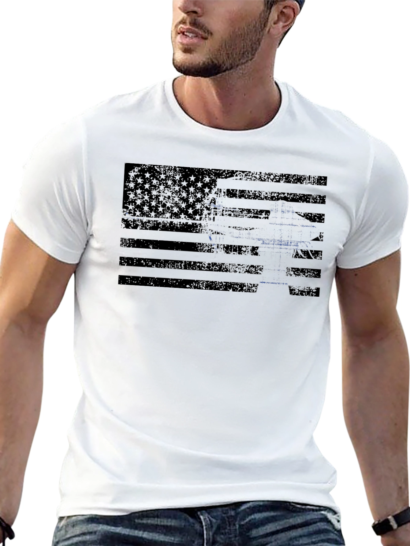 Distressed Flag Gun Graphic Tee - Patriotic Style