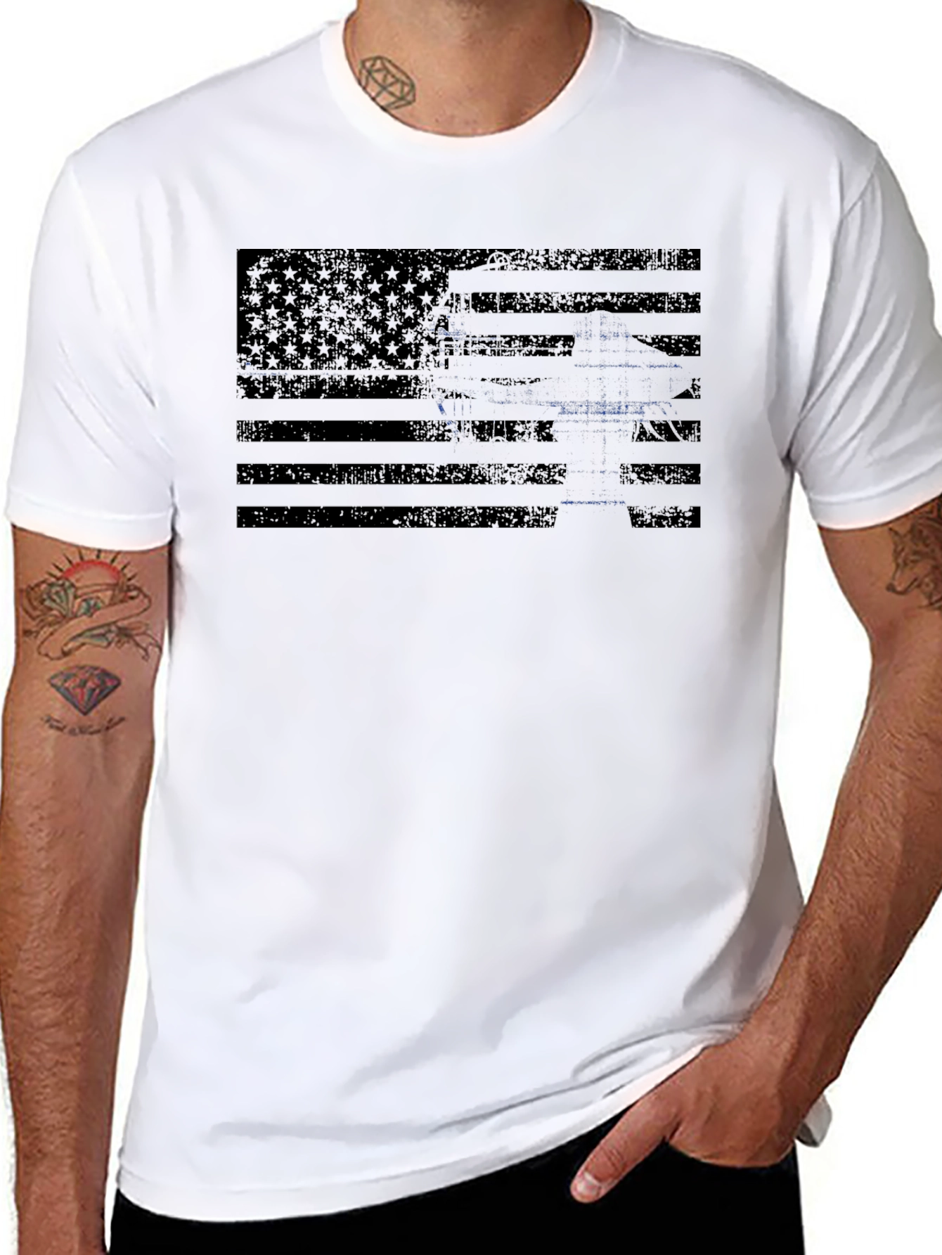 Distressed Flag Gun Graphic Tee - Patriotic Style