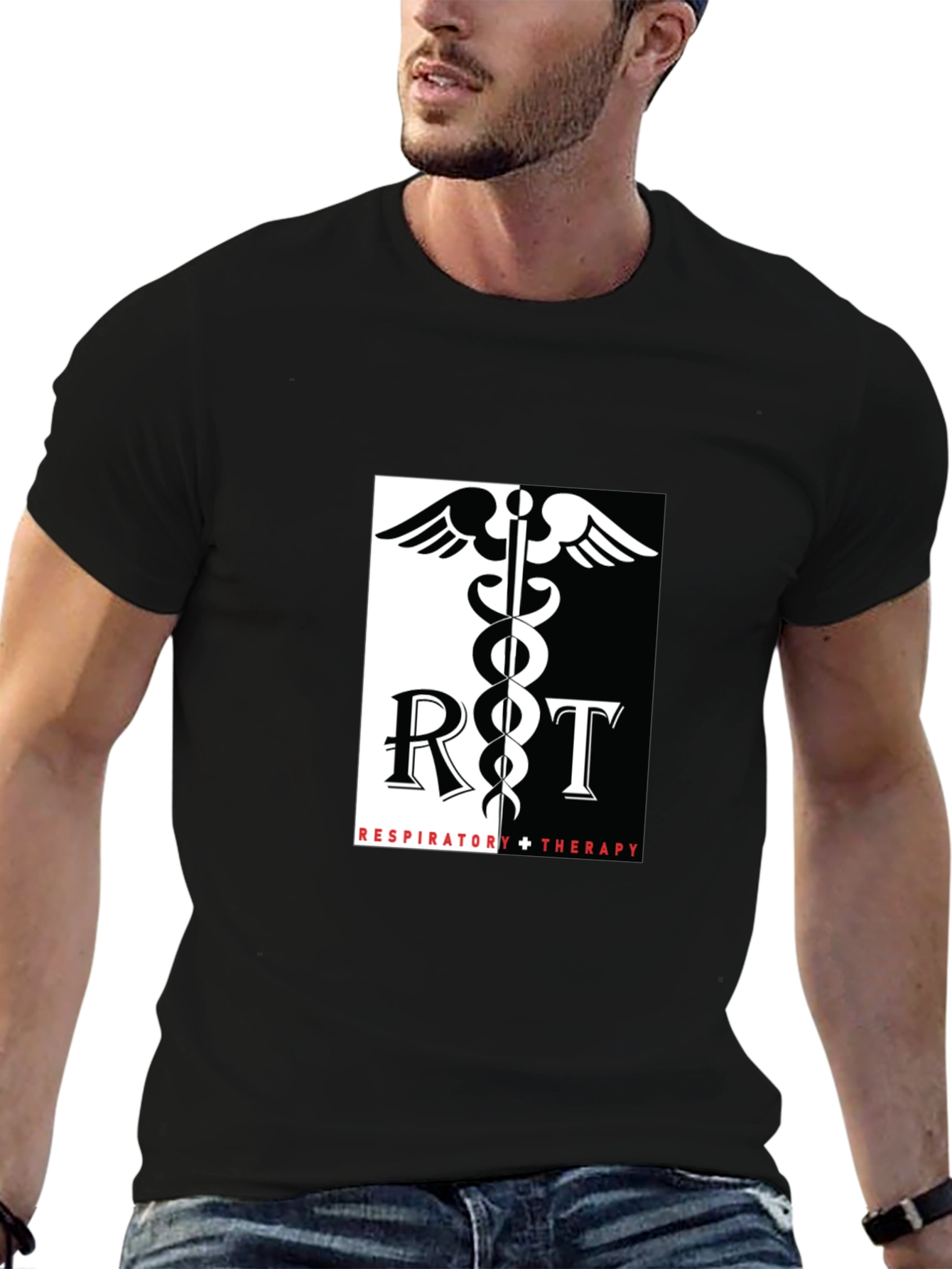 Respiratory Therapy Black T-Shirt - Medical Caduceus Design
