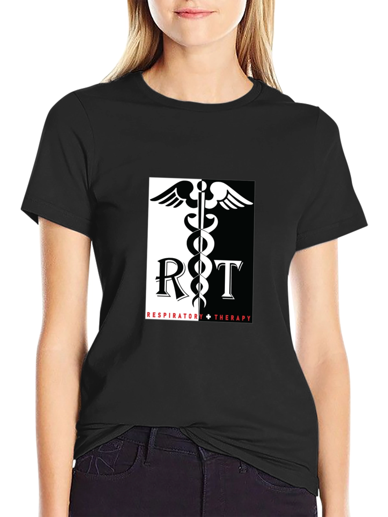 Respiratory Therapy Black T-Shirt - Medical Caduceus Design