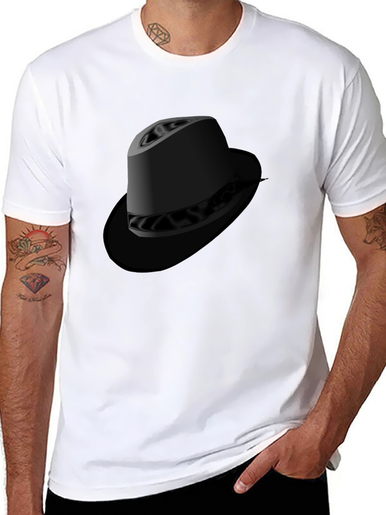 Black Graphic Tee - Fedora Hat Design