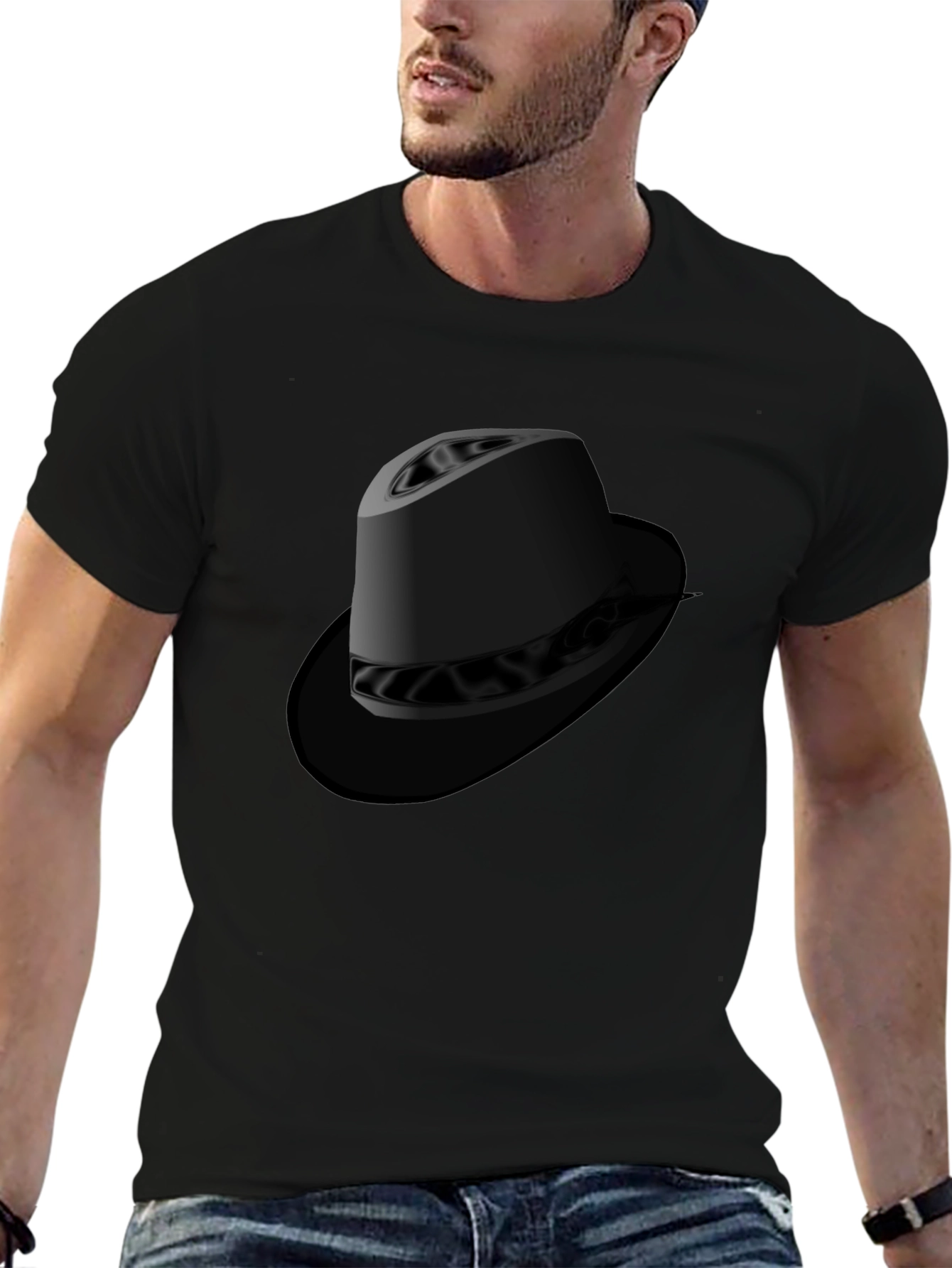 Black Graphic Tee - Fedora Hat Design