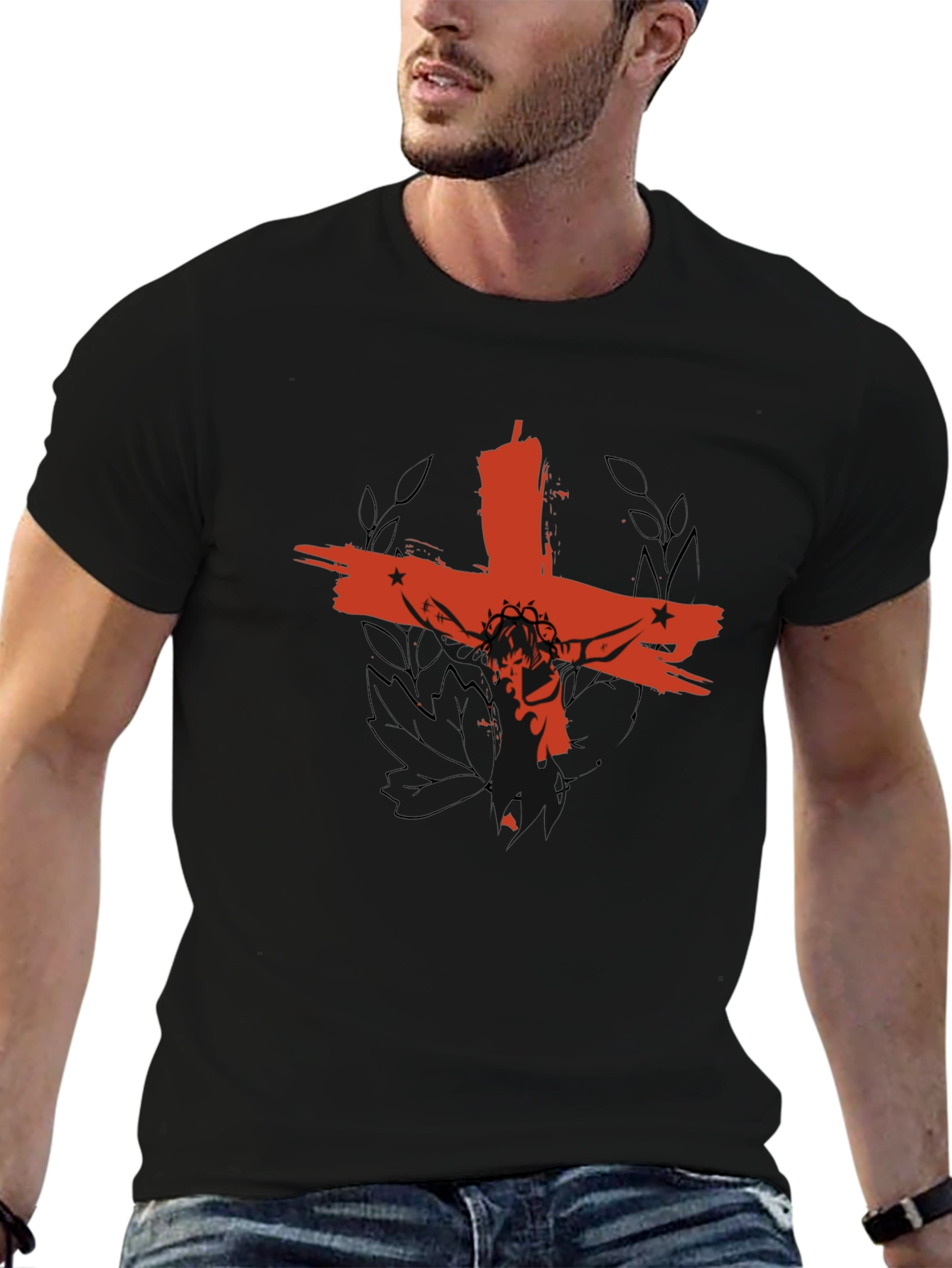 Distressed Cross Graphic Tee - Casual Black T-Shirt