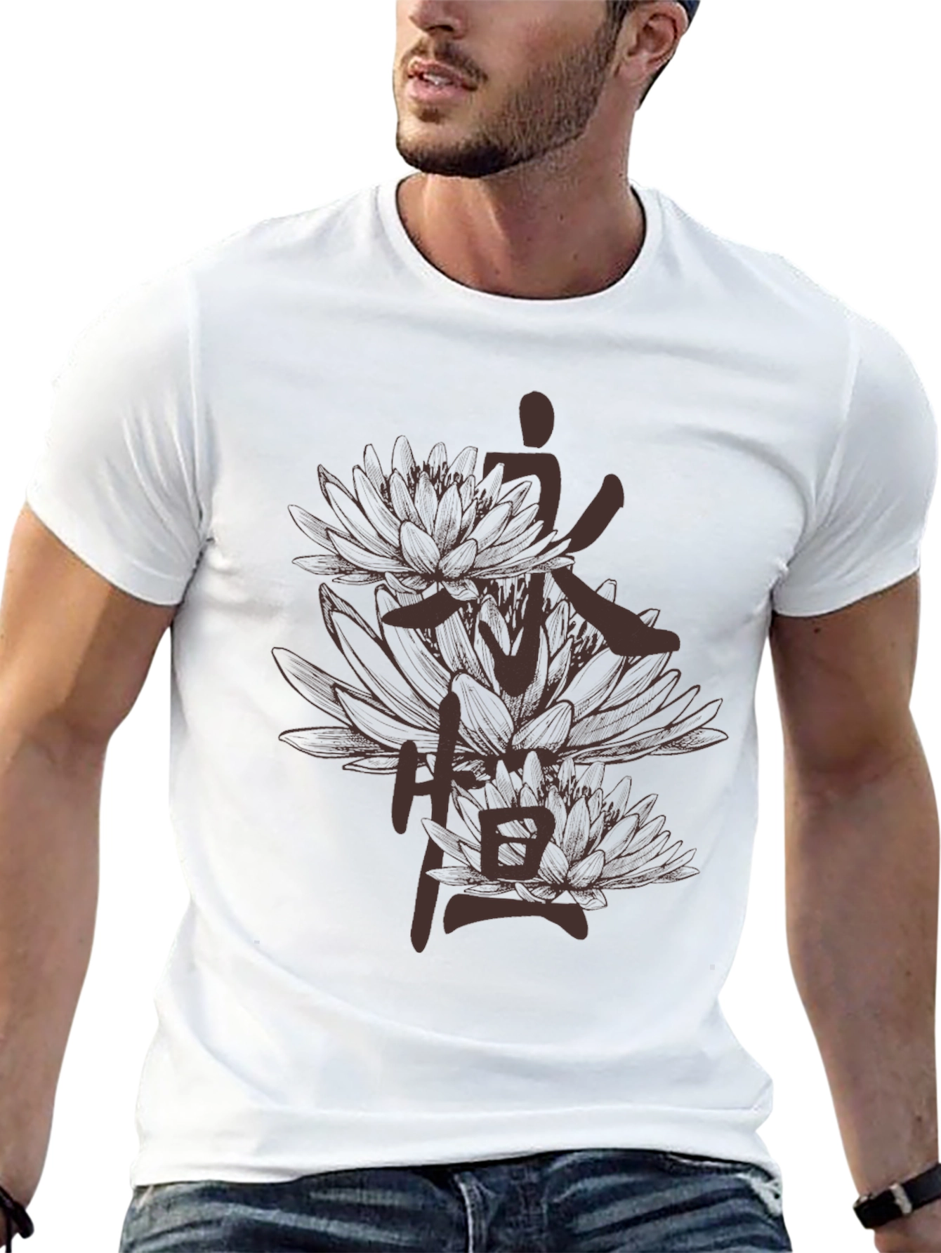 Black T-Shirt with Floral Kanji Design