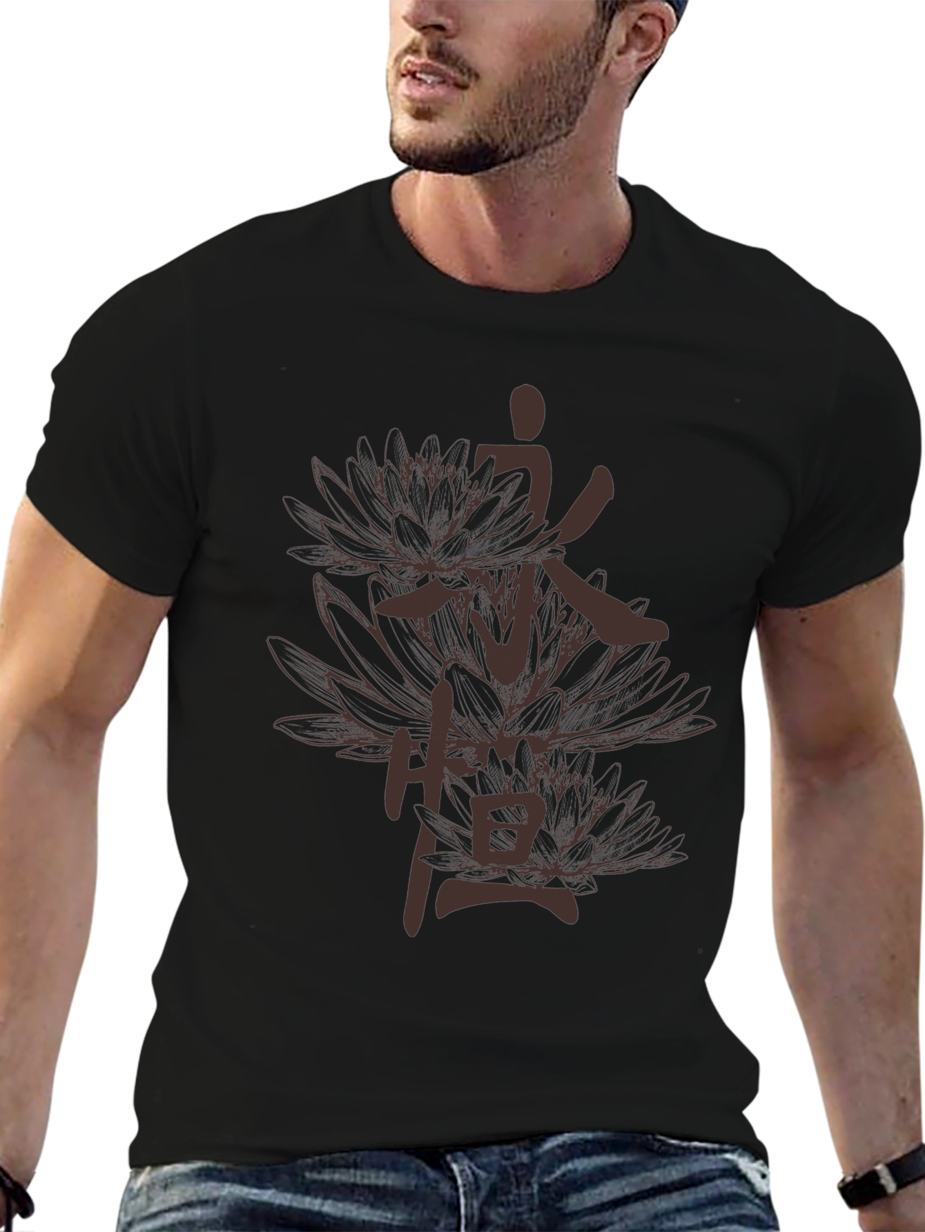 Black T-Shirt with Floral Kanji Design