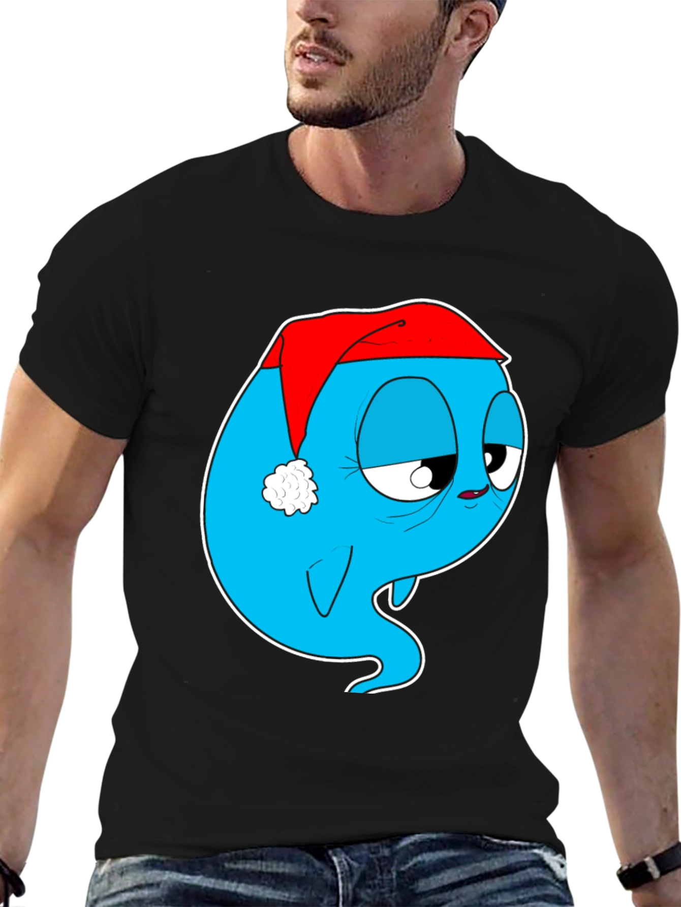 Cartoon Ghost in Santa Hat Graphic Tee