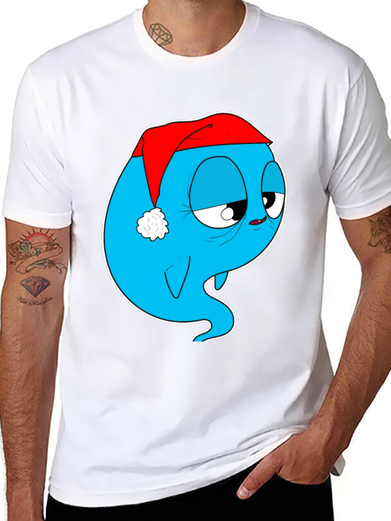 Cartoon Ghost in Santa Hat Graphic Tee