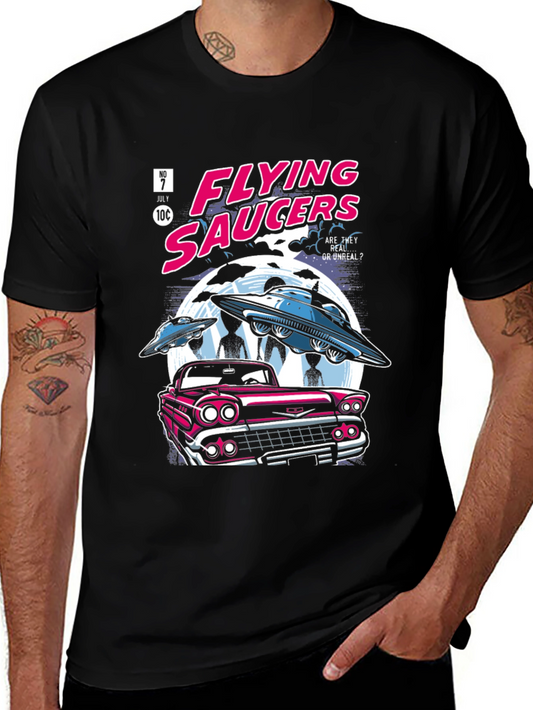 Flying Saucers Graphic Tee - Retro UFO Comic Book Style